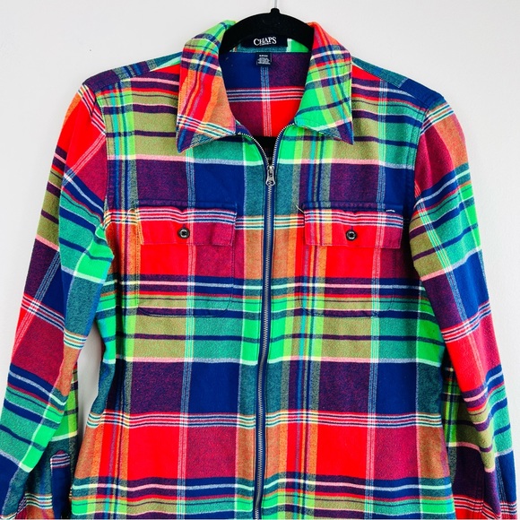 Chaps Denim Plaid Flannel Colorful Zip Up shirt Women Size S - Picture 5 of 14